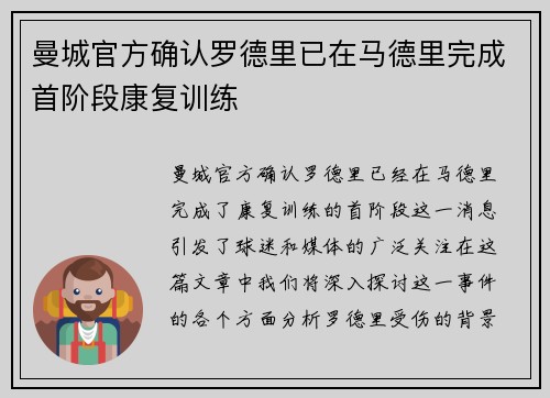 曼城官方确认罗德里已在马德里完成首阶段康复训练 曼城官方确认罗德里已在马德里完成首阶段康复训练
